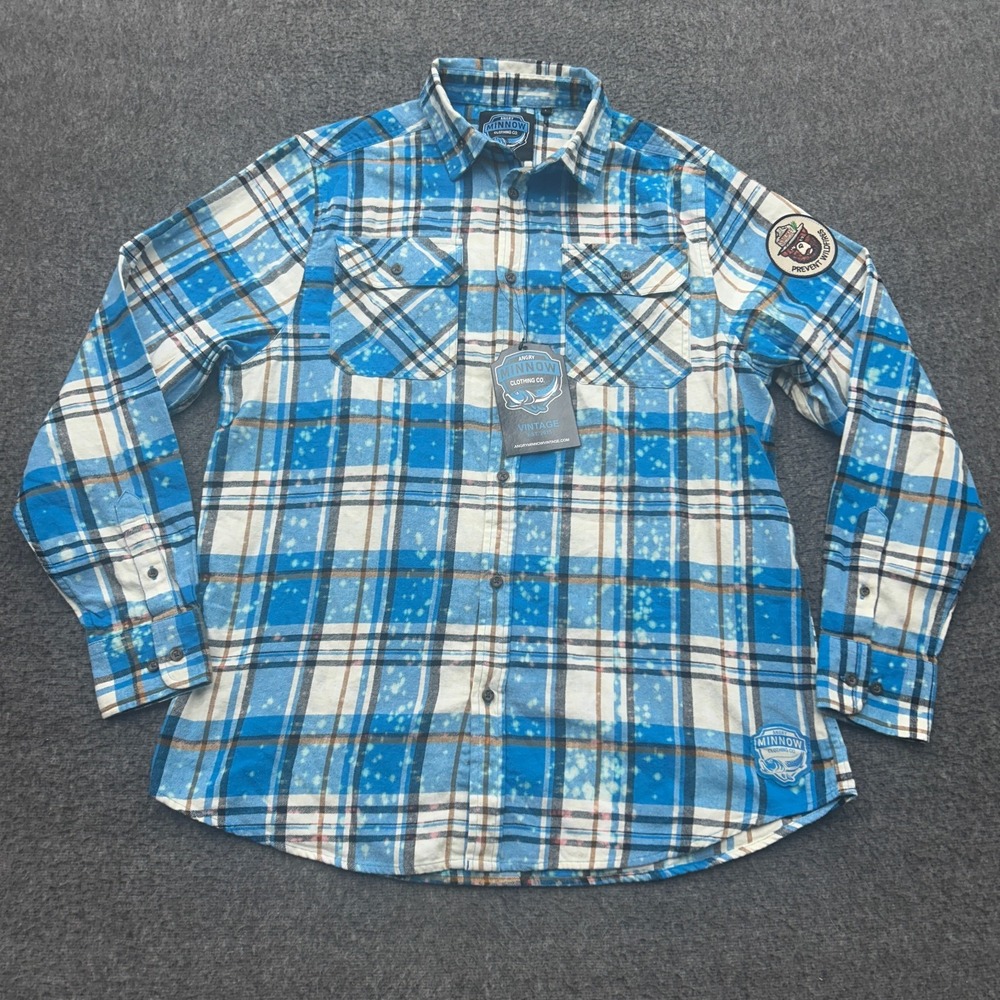 Angry Minnow Smokey Bear Bleached Plaid Flannel Shirt Mens L Blue Cotton